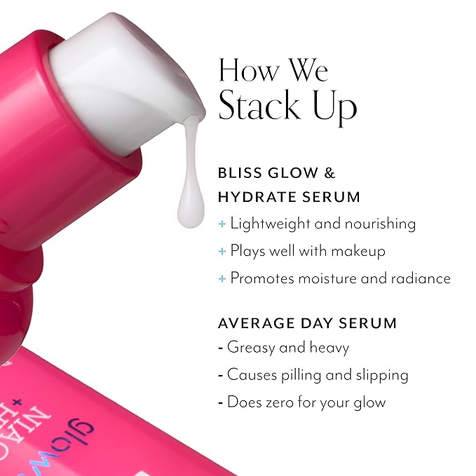 Bliss Glow &amp Hydrate Serum - Niacinamide + Hyaluronic Acid Serum - 1 Fl Oz - Improves Dullness Hydrates Replenishes &amp Defends Skin - Lightweight Hydration - Clean - Vegan &amp Cruelty Free
