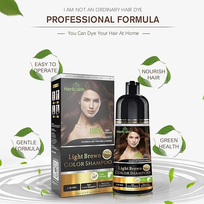 Herbishh Light Brown Hair Color Shampoo - 3-In-1 Magic Dye for Gray Hair 500 Ml + Argan Oil for Dull Dry Damaged Hair 30ML