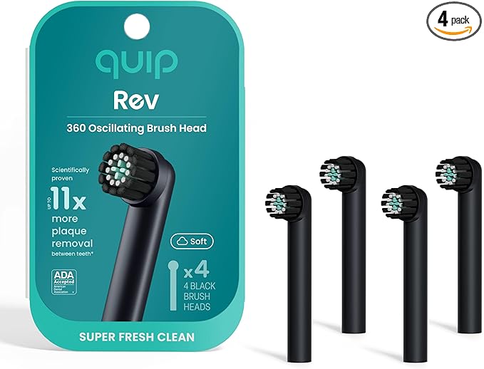 quip Rev 360 Oscillating Electric Toothbrush Heads - 4 Pack - Verified quip Brush Head Refills for Oscillating Toothbrushes - Soft Bristles Dual-Length Compact - Last 3 Months Each - Black