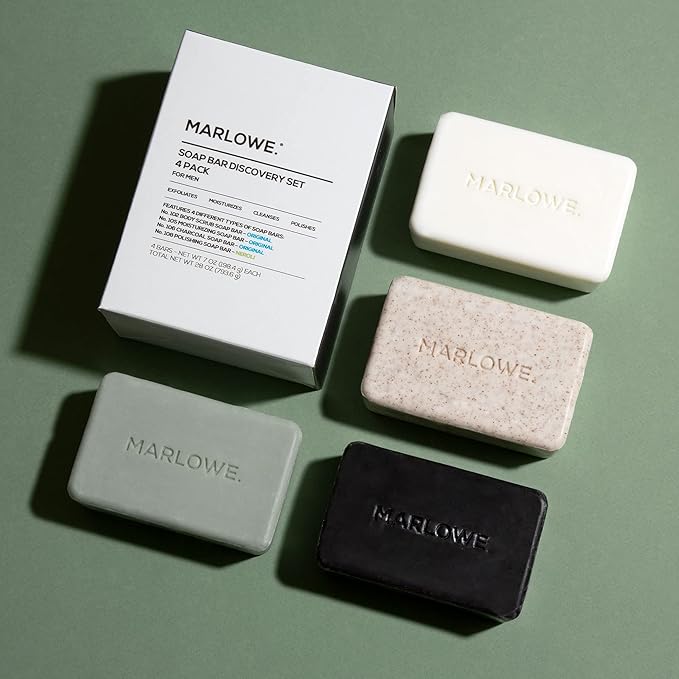 MARLOWE. Soap Discovery Gift Set Mens Skin Care Variety Selection of Exfoliating Body Scrub Charcoal Moisturizing &amp Polishing Body Bar Soaps for Men 4 Pack