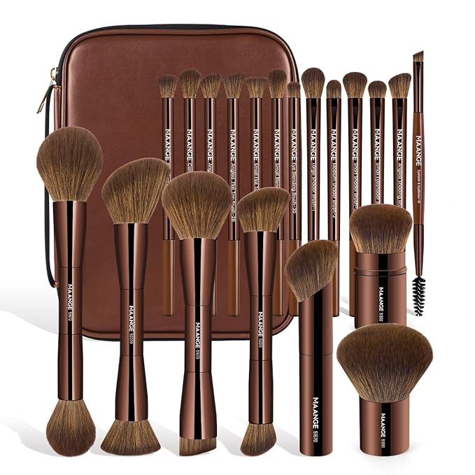 MAANGE 20 PCS Makeup Brush Set with Bag Double-ended Kabuki Brush Foundation Contour Brush for Liquid Powder Concealer Eye Shadows Cream Cosmetics Blending Blush Face Makeup Tools (Brown)