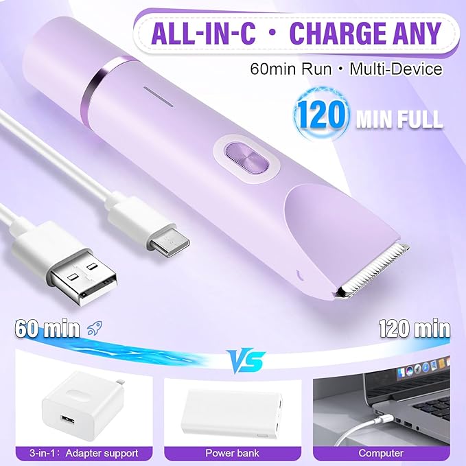 Women's Bikini Trimmer 2-in-1 Electric Shaver for Bikini Line Legs Underarms Face - Waterproof Women's Electric Shaver for Sensitive Skin USB Rechargeable(Purple)