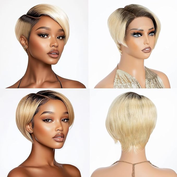 Side Part Black Human Hair Pixie Wigs HD Lace Front with Swept Bangs Short Curly Natural Color Glueless Cap for Women (Ombre Brown6 Inch)
