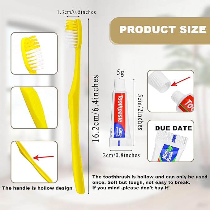 Disposable Toothbrushes with Toothpaste100 Pack Yellow Hollow Individually Wrapped Disposable Travel Toothbrushes Kit in Bulk for HomelessNursing HomeHotelCharity