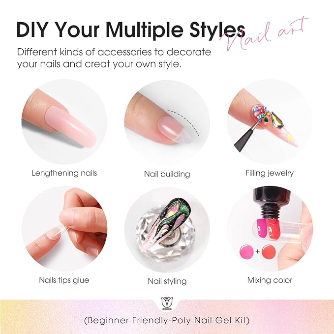 ROSALIND Poly Nail Gel Kit for Beginners - 28 Colors Extension Gel Set with UV/LED Nail Lamp 72 Accessories (Base/Top Coat Nail Forms Tools) Long Lasting Salon Kit for DIY Manicure