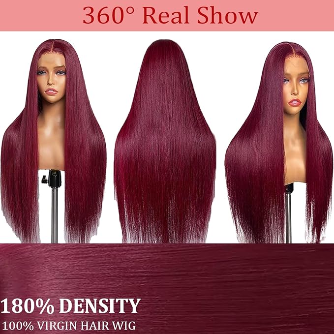 PANDA ANGEL 32 Inch Burgundy Lace Front Wigs Human Hair Red Burgundy Wig Human Hair 13x4 Hd Transparent Lace Frontal Wigs Human Hair 99J Burgundy Straight Wigs for Women