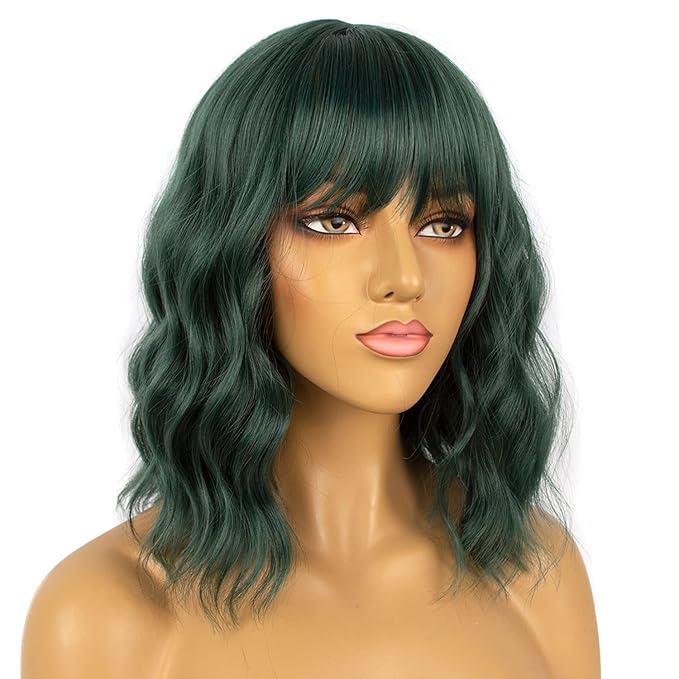 Dark Green Short Bob Wigs with Bangs for Women Loose Wavy Wig Curly Wavy Shoulder Length Bob Synthetic Cosplay Wig for Girl Colorful Costume Wigs