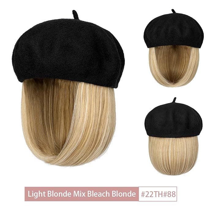 Hat Wig Beret Hat with Hair Extensions Classic French Wool Hat Straight Short Bob Hairpiece Women Bob Wig Hats