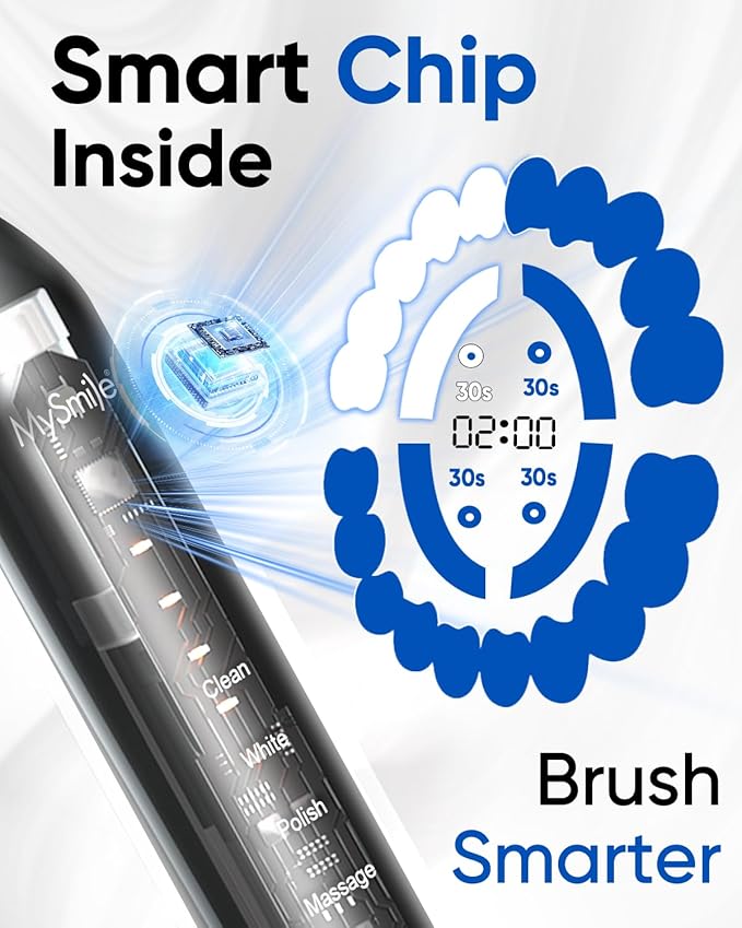 MySmile UC605 Electric Toothbrush for Adults Rechargeable Sonic Electronic Toothbrush with 6 Brush Heads and Travel Case 2 Mins 5 Modes Smart Timer 48000VPM (Black)