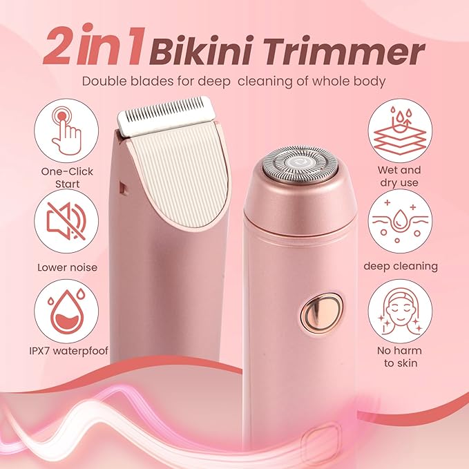 Bikini Trimmer for Women 2-in-1 Electric Razors for Pubic Hair Painless Wet &amp Dry Use Dual Head Electric Shaver for Women Support 60 Minutes Runtime for Facial Hair Removal &amp Body &amp Intima