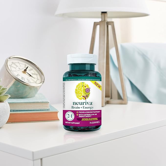 NEURIVA Brain + Energy Gummies Nootropic Brain Supplements for Focus and Concentration with Neurofactor Vitamin B12 &amp Caffeine for an Energy Boost* 75ct Natural BlackBerry