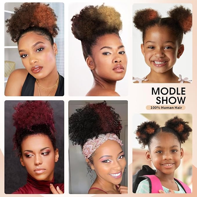 Boymia Afro Puff Drawstring Ponytail #BURG Burgundy 6 Inch Afro Kinky Curly Hair Bun Hairpieces Clip On Kinky Drawstring Curly Ponytail Bun 100% Remy Human Hair Naturally Styled Hairpiece