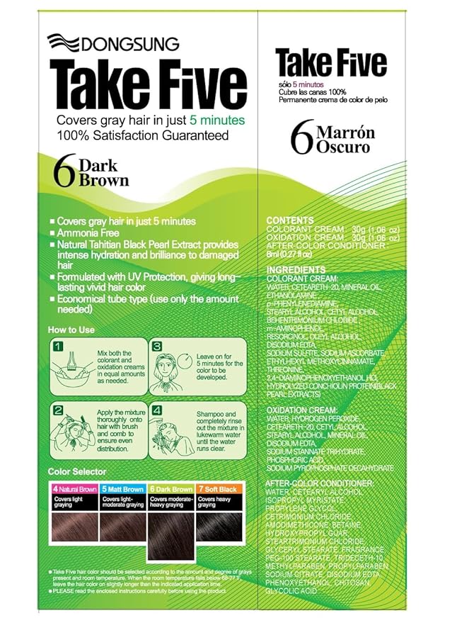 Dongsung Take 5 Hair Dye No.6 Dark Brown Covers Gray Hair in Just 5 Minutes Without Any Foul Odor! Designed to Improve Damaged Hair (Pack of 12)