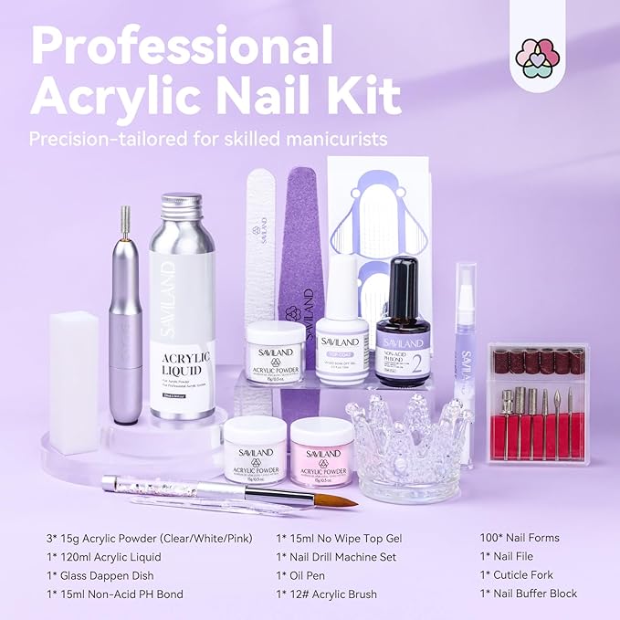 SAVILAND Acrylic Nail Kit with Drill: Professional Salon Nails Kit with Everything Acrylic Powder and Liquid Set Nail Brush Forms Top Gel &amp Manicure Tools Kit for DIY Extension Carving Home Use