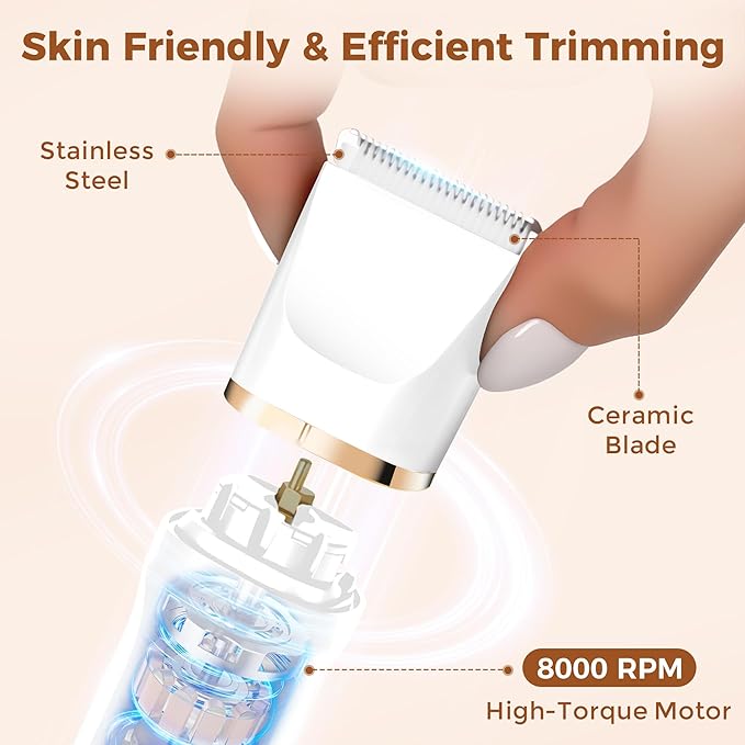 Bikini Trimmer for Women 5-in-1 Waterproof Electric Razors for Women Rechargeable Pubic Hair Trimmer Electric Shaver with Travel Pouch Body Shaver for Private Area Underarm Leg Face Nose White