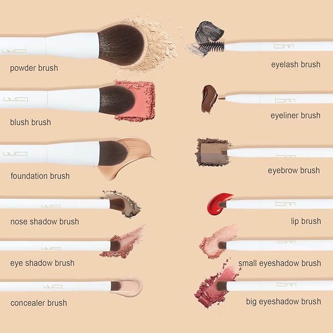 Makeup Brushes Set 12Pcs Professional Kabuki Foundation Eyeshadow Blush Blending Lip Full Face Cosmetic Kit W/Makeup Brush Set with Holder(White)