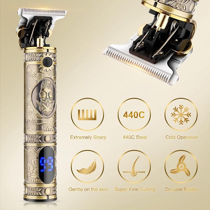 Hair Clippers for MenProfessional Cordless Barber Trimmer SetNose and Ear Hair Trimmer with Razor Replacement HeadUSB Rechargeable Hair Cutting Grooming Kit-LED Display (Gold-1)