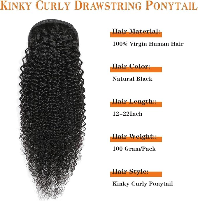 Datanala Brazilian Remy Kinky Curly Ponytail Extensions 22Inch Human Hair Drawstring Ponytail Extension Ponytail Clip in Hair Extensions Nature Black Color for Black Women