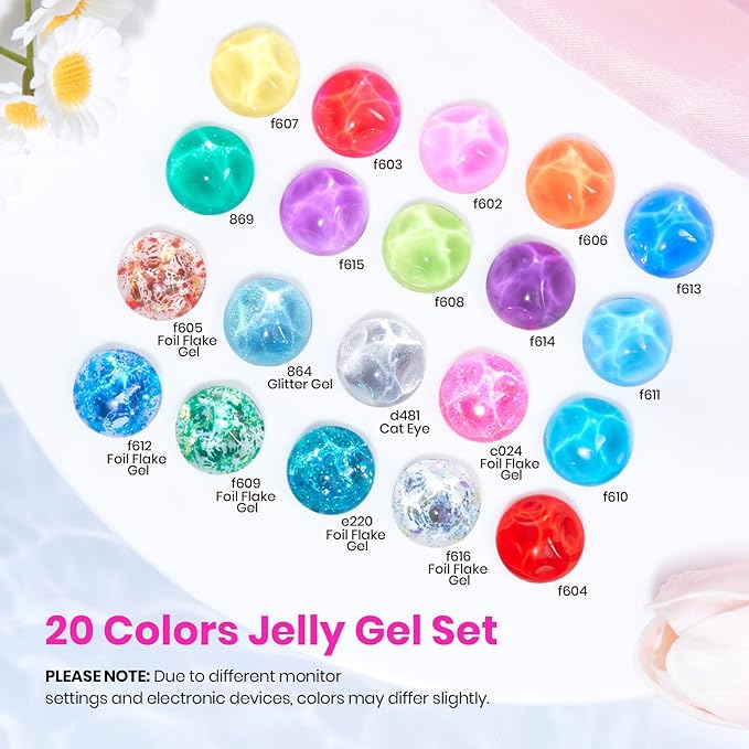 Beetles Jelly Gel Nail Polish Kit20 Colors Neon Cat Eye Glitter Soak Off UV LED Gel Nail Kit Pink Orange Blue with Base Matte Top Coat for DIY Nail Art Sunbeam Jelly Gift for Women