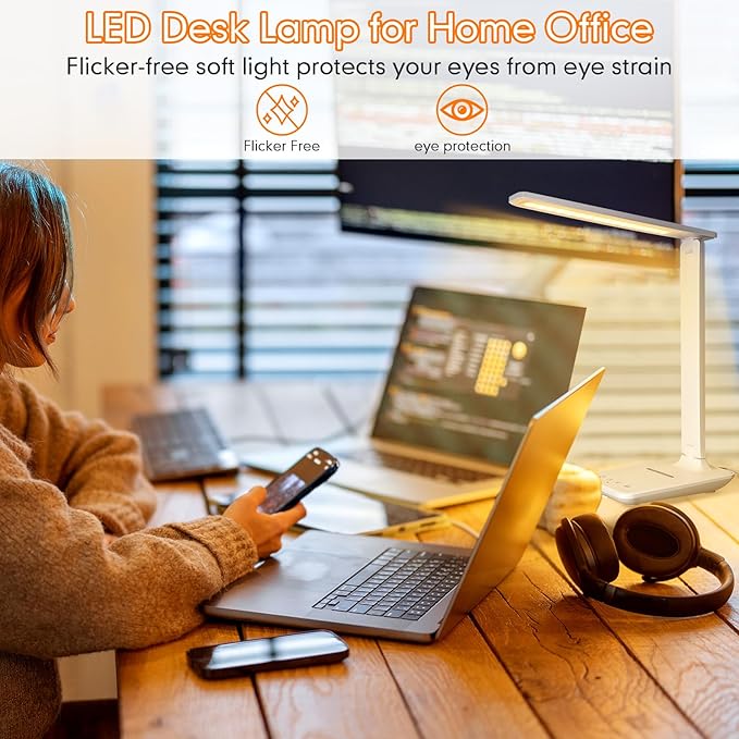 White crown LED Desk Lamp with 15W Wireless Charger &amp USB Port Dimmable Table Lamp with 5 Lighting Modes Sensitive Touch Control Foldable &amp Portable Desk Light for Home Office Bedroom Re