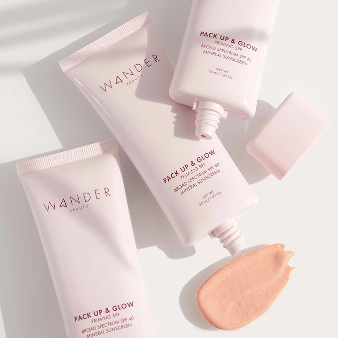Wander Beauty Pack Up &amp Glow Primer with SPF 40 - 100% Mineral Sunscreen with Non-Nano Zinc Oxide + Titanium Dioxide - 4-in-1 Universal Tinted Sunscreen - Protect Prevent Perfect &amp Prime - 1