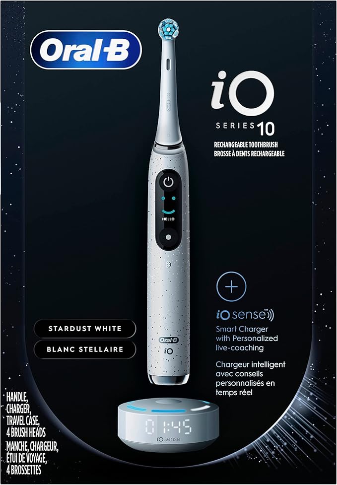 Oral-B iO Series 10 Rechargeable Electric Toothbrush with Visible Pressure Sensor to Protect Gums 2 Min Timer 7 Cleaning Settings 4 Replacement Toothbrush Heads and Charging Travel Case White