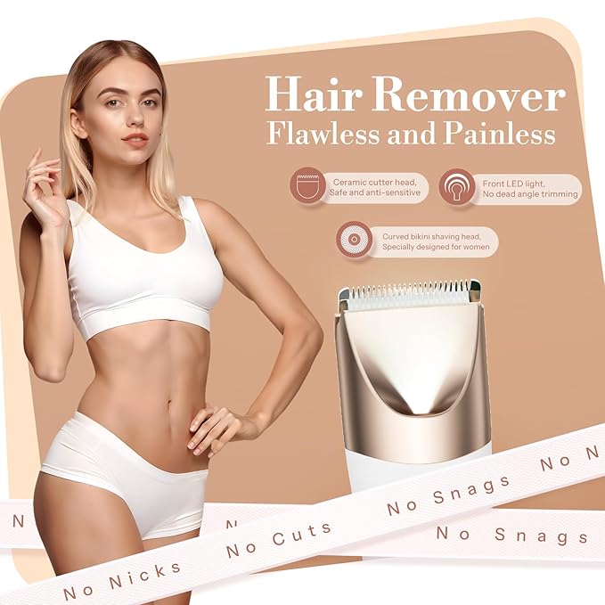 Bikini Trimmer for Women 2 in 1 Electric Shaver for Women Pubic Hair Trimmer Waterproof IPX7 with LED Bikini Razor for Leg Arm Underarm Bikini Area Pull Bows Gift Box for Friends (Shell White)