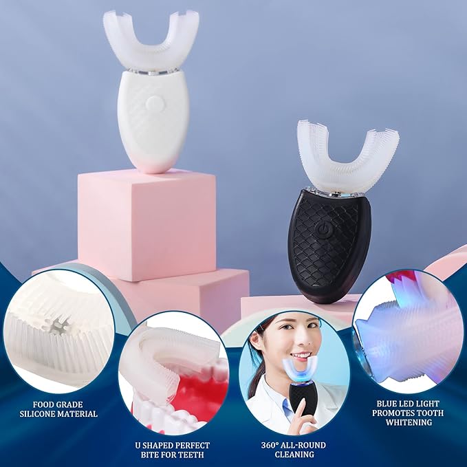 2 Pieces Ultrasonic Electric Toothbrush Adults U Shaped Automatic Toothbrushes for Teeth Whitening 3 Brush Heads Whole Mouth 360 Degree Cleaning Hands Rechargeable IPX7 Waterproof (No Base)