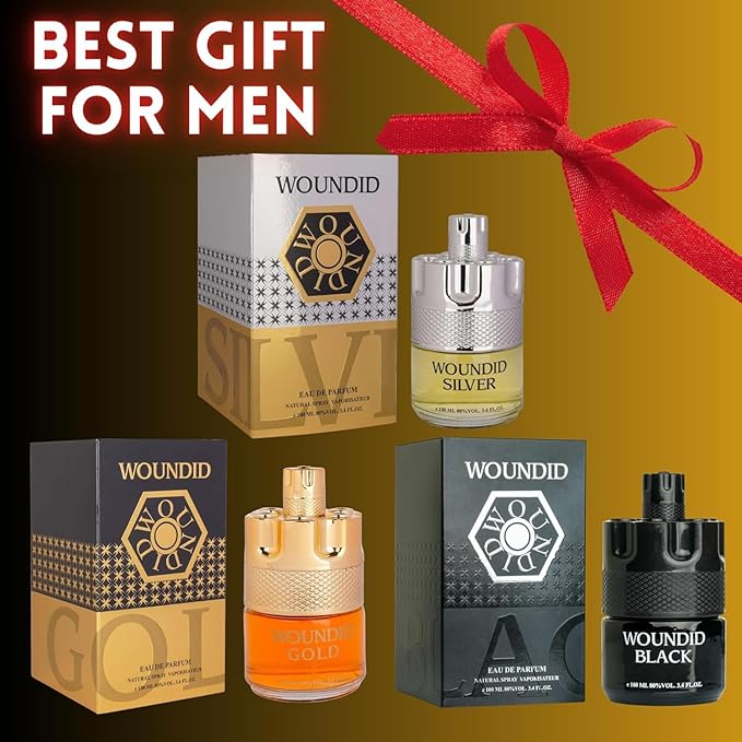 Woundid Men's Cologne Gift Set Black Gold Silver 3.4 oz Each Woody Spicy Fragrance with Amberwood and Cardamom 3-Pack