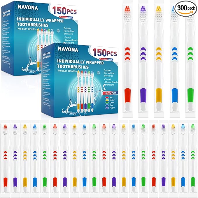 Navona 300 PCS Premium Individually Wrapped Bulk Toothbrush Pack Disposable Toothbrushes Kids Toothbrush Medium Soft Bristle Toothbrushes Ergonomics Handle Perfect for Travel Hotel Donation