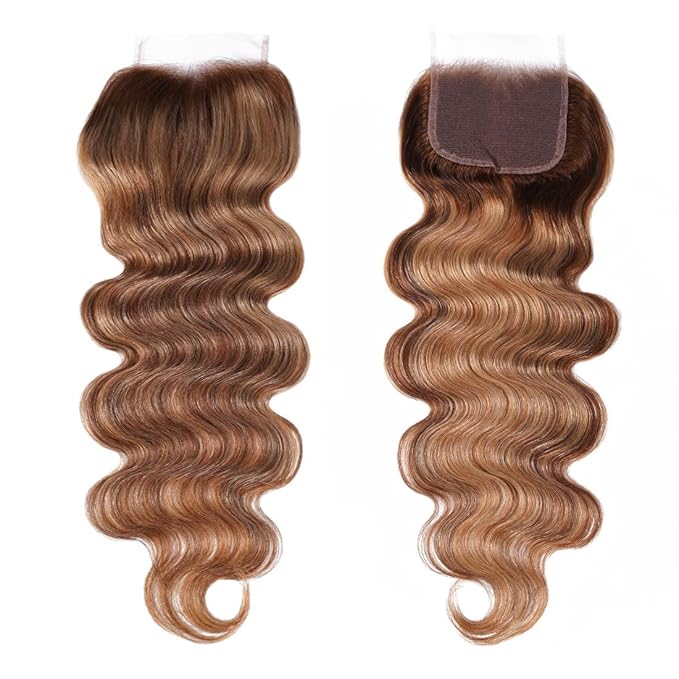 UNICE Body Wave Honey Blonde Highlight Human Hair 3 Bundles with 4x4 lace closure Free Part Ombre 12A Remy Human Hair Weave Extensions 18 20 22+16 Inch Closure