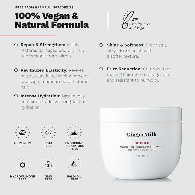 Ginger Milk Natural Care Intensive Repair Hair Mask for Dry / Damaged Hair due to Coloring Chemical Processes hot styling tools and dryers | BE BOLD