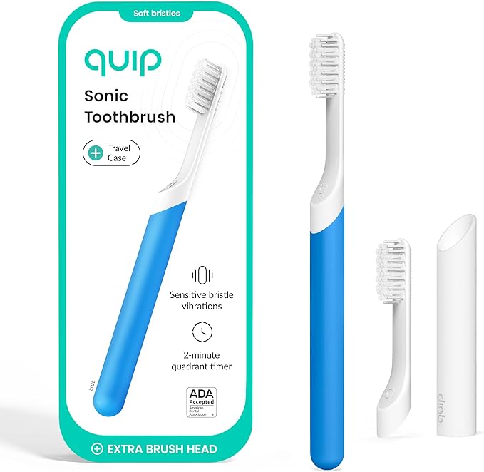 Quip Sonic Toothbrush for Adults with Timer - Includes Extra Brush Head and Travel Cover Mount - Electric Soft Bristle Refill Head Plastic Handle 3 Month Battery Life - Travel Toothbrush - Blue