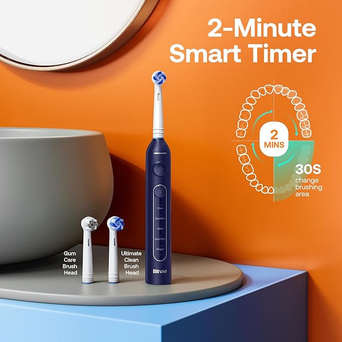 Bitvae R2 Rotating Travel Electric Toothbrush 8 Professional Brush Heads Carrying Case 5 Teeth Care Modes Pressure Alerts to Prevent Gum Injury Long Duration