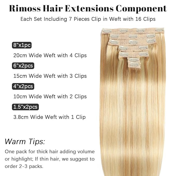 Clip in Hair Extensions Real Human Hair - 24 Inch 7pcs Dirty Blonde to Bleach Blonde Highlight Color - Soft Human Hair Clip in Extensions Straight for Women (24 Inch)