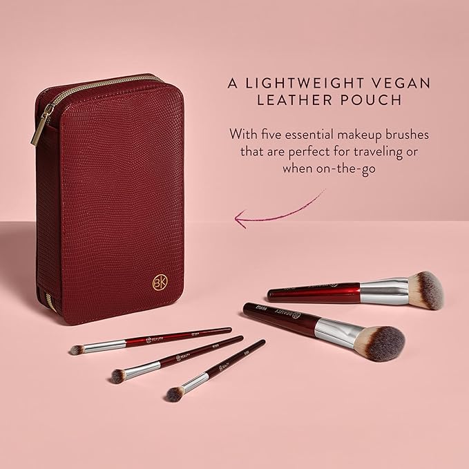 BK BEAUTY Travel Brush Set with Pouch 5-Piece Vegan Cruelty-Free Brushes for Face &amp Eyes | Lightweight Durable Makeup Brushes in Vegan Leather Pouch Perfect Travel-Size Makeup Brush Set