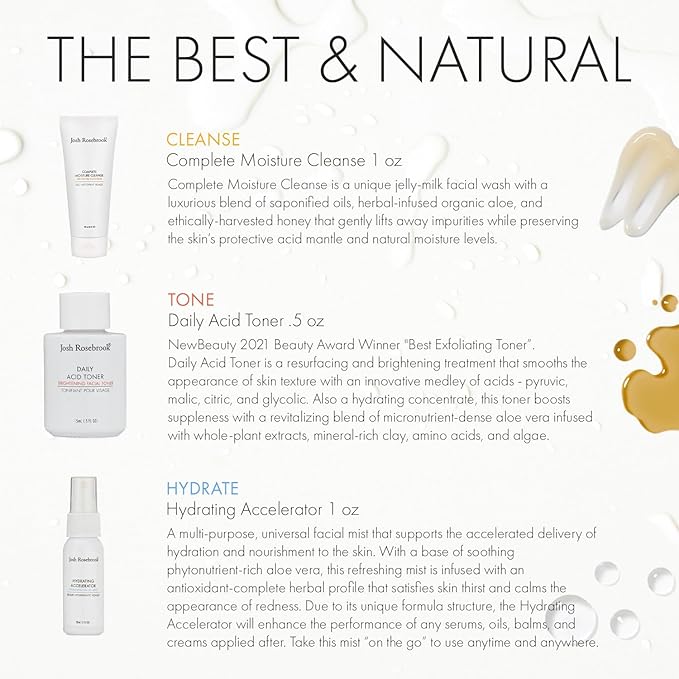 Josh Rosebrook The Essentials Kit - Cleanse Tone &amp Hydrate Skincare Set | Complete Moisture Cleanse 1 oz Daily Acid Toner 0.5 oz Hydrating Accelerator 1 oz | Travel Size Facial Skin Care
