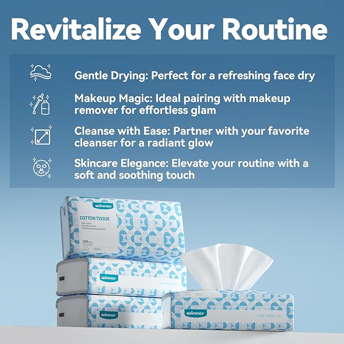 Winner Soft Face Towels 100% USDA Biobased Facial Towels Unscented Cotton Tissues for Sensitive Skin OEKO-TEX Certified Face Towelettes Disposable Makeup Remover Dry Wipes 600 Ct Pack of 6