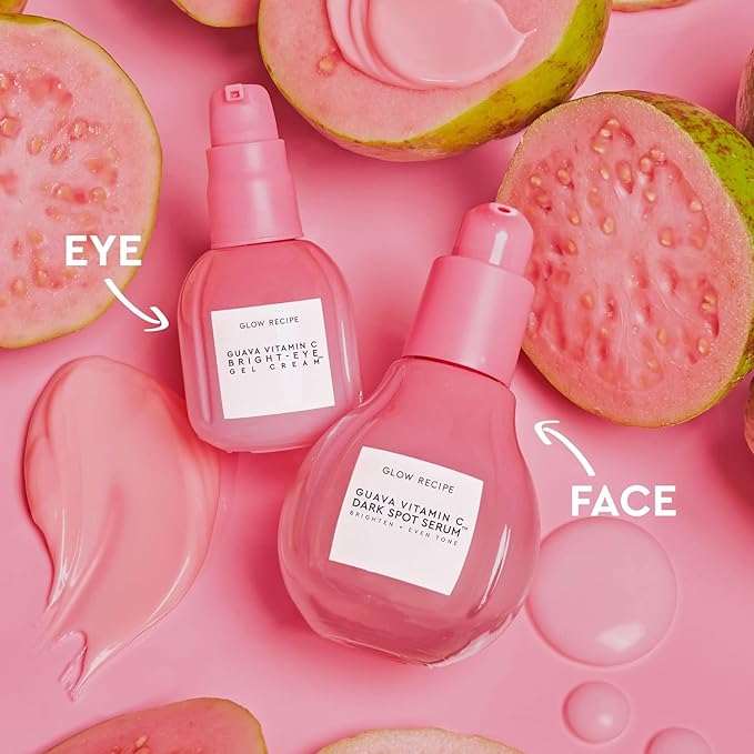 Glow Recipe Guava Brightening Korean Skincare Gift Set - Vitamin C Under Eye Cream Treatment + Hydrating Vitamin C Dark Spot Face Serum with Niacinamide &amp Peptides Travel Size (2 Count)