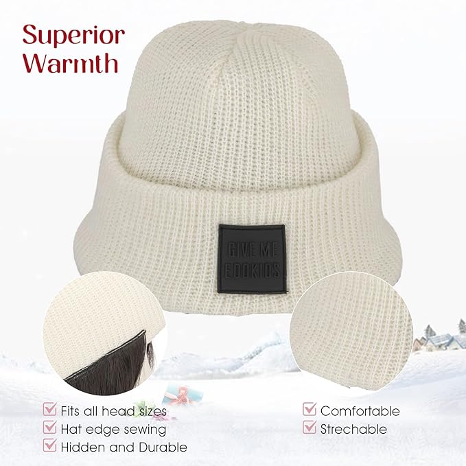S-noilite Beanie Wig with Hair18 Inch Long Wavy Hair Extensions with White Knitted Hat Hairpieces for Women Winter Natural Black