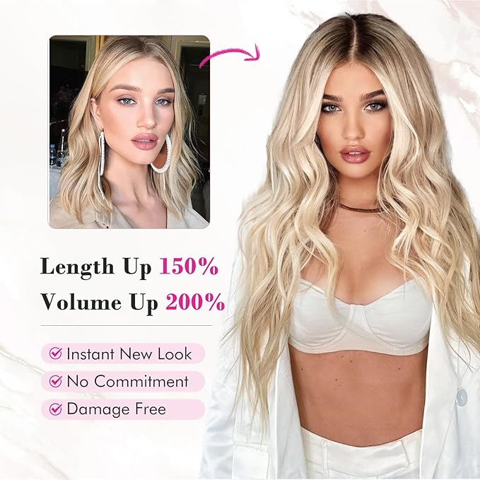 REECHO Clip in Hair Extensions 4PCS Blonde Hair Extensions 24 Thick Long Beach Waves hair extensions HE003 Invisible Lace Weft Natural Soft Hairpieces for Women ? Champagne Blonde