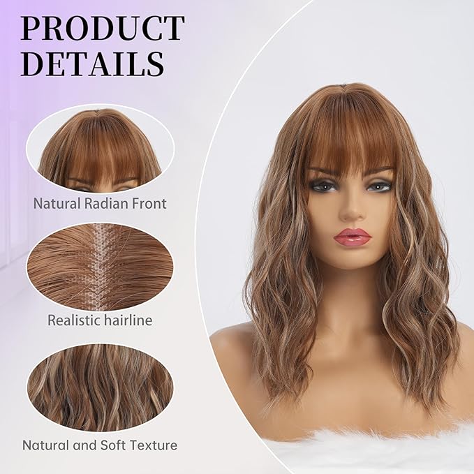 Light Brown Wigs with Highlight for Women Synthetic 16 inch Medium Length Wigs with Bangs Natural Long Wavy Fringe wig Heat Resistant Hair for Daily Party Use(16 inch)