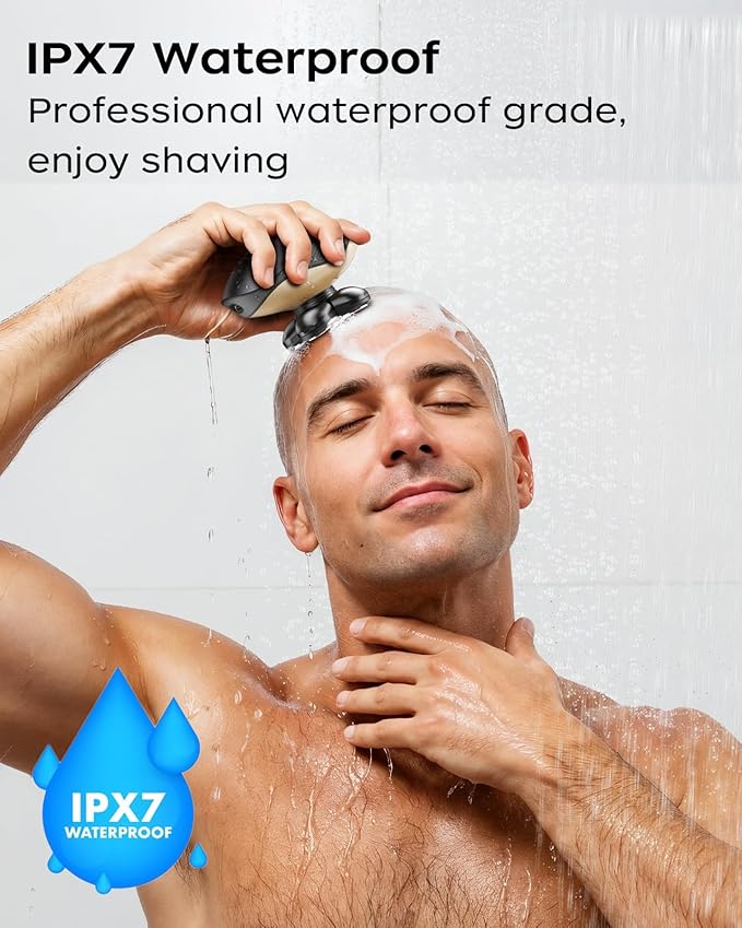 Electric Razor for Men Head &amp Body Hair Shaver for Men Cordless Rechargeable Wet/Dry Bald Head &amp Groin Waterproof Razor with Rotary BladesClippers Beard TrimmerNose Trimmer Brush (Golden