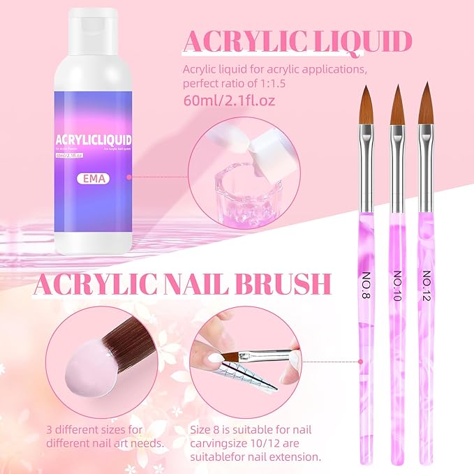 Major Dijit Acrylic Nail Kit with Drill and UV LED Lamp - Starter Set with White Pink Clear Acrylic Powder 6 Macaron Gel Polishes Nail Decorations and Manicure Tools