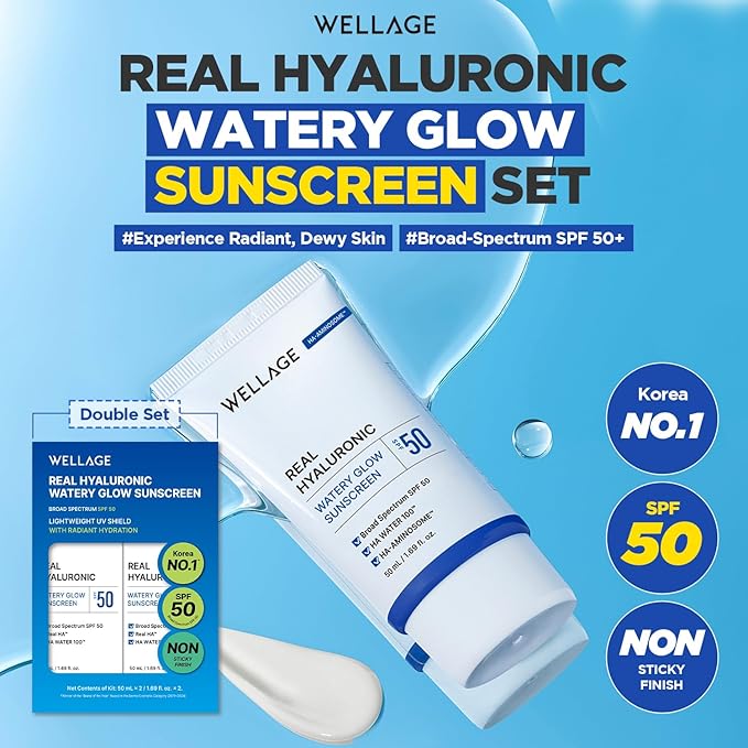 WELLAGE Real Hyaluronic Watery Glow Sunscreen Double Set SPF50 - Broad Spectrum UV Protection with 6 Types Hyaluronic Acid - No White Cast Makeup Base - K-Beauty Face Sunscreen 1.69 fl.oz x 2 Pack