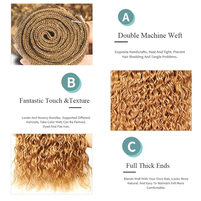 26 28 30 inch #27 Human Hair Bundles Honey Blonde Kinky Curly Bundles LadrXadr Blonde Wet and Wavy Bundle 27 Color
