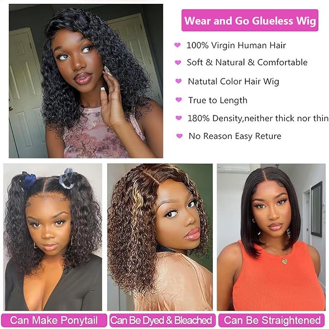 Wear and Go Glueless Curly Bob Wig Human Hair 4x4 Lace Closure Wigs Brazilian Virgin Human Hair Wigs for Black Women Wet and Wavy Deep Curly Pre Plucked Pre Cut(14 Inch)