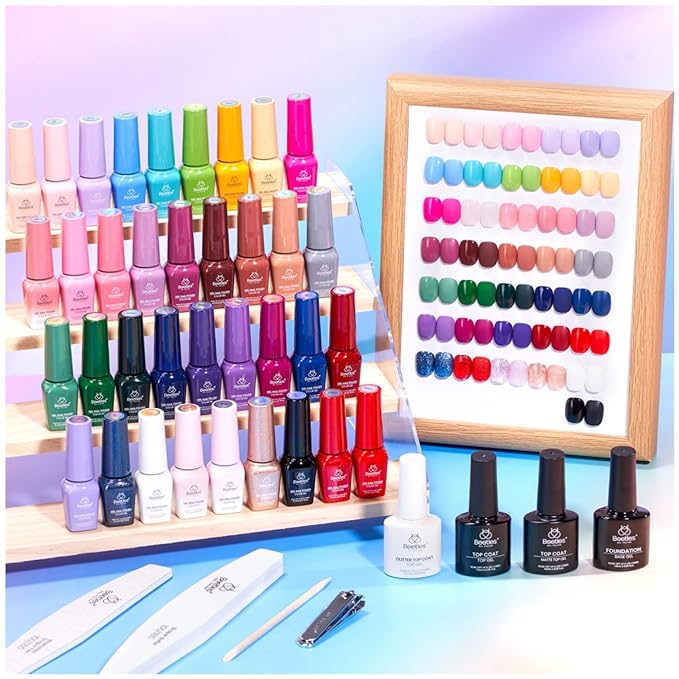 beetles Gel Polish Shifting Lights - Fall Gel Nail Polish Set Brown Burgundy Red Black White Green Purple Glitter 36 Colors with Base Coat Glossy Matte Glitter Top Coat UV LED Soak Off Gift for Women