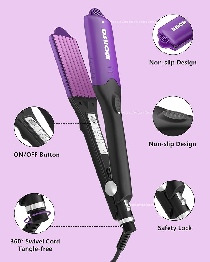 DSHOW 4 in 1 Hair Crimper Hair Waver Hair Straightener Curling Iron with 4 Interchangeable Titanium Ceramic Flat Crimping Irons Plates (Purple) (Blush)