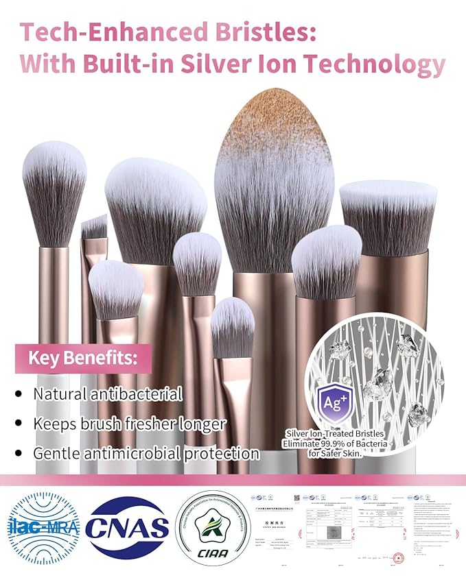 EIGSHOW Makeup Brushes Set 15Pcs Professional Make Up Brush with Silver Ion Bristles for Foundation Powder Blush Highlighter Concealer Eyeshadow Eyeliner Travel Gift Set (Champaign Gold)